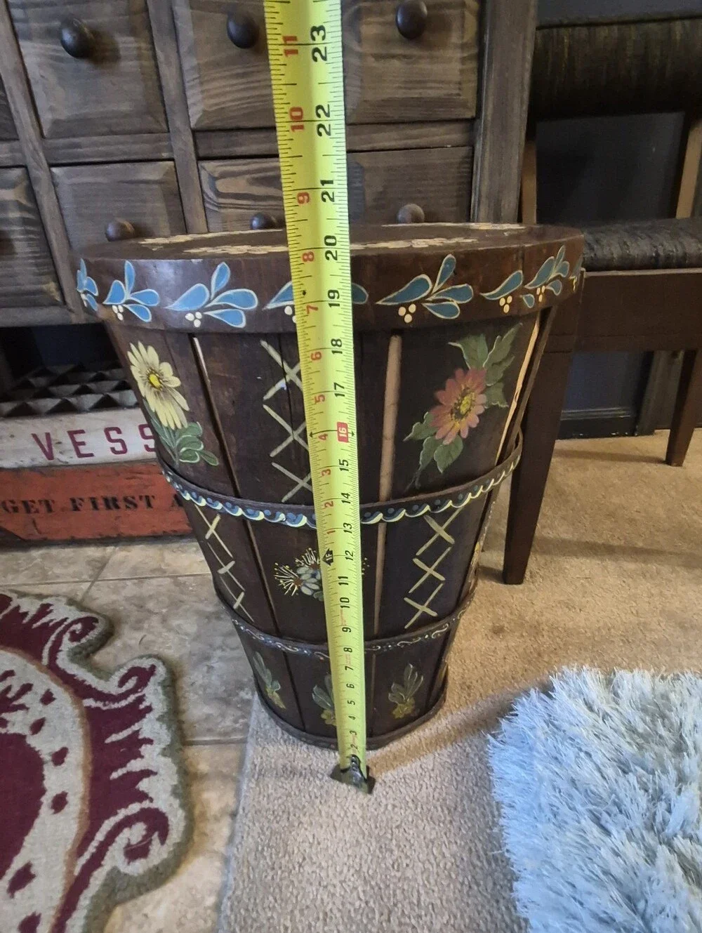 Hand-Painted Brown Floral Accent Hamper